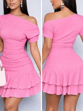Off-Shoulder Pink Ruffle Hem Mini Dress